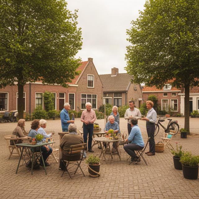 Inwoners ontmoeten elkaar op een dorpsplein in Afferden tijdens een kleinschalige buurtactiviteit