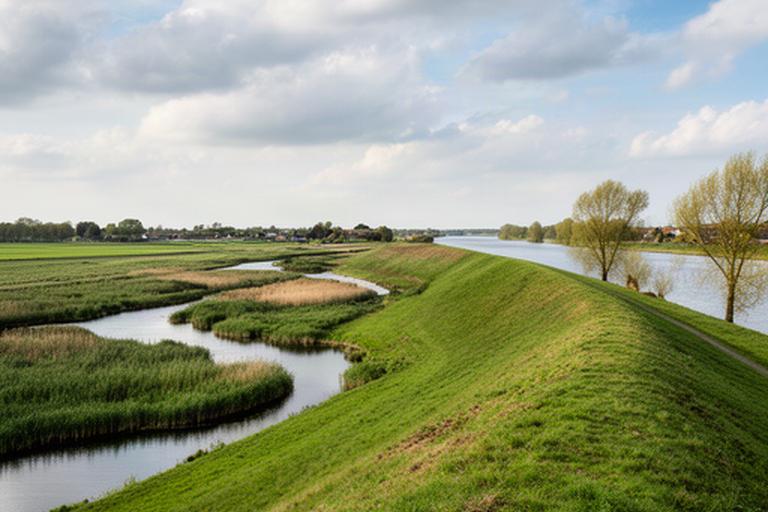 Uiterwaarden en groene dijk langs de Waal bij het Land van Maas en Waal
