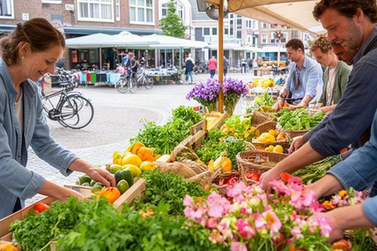 Marktkooplui zetten groente, bloemen en dagelijkse producten uit op een plein in Druten