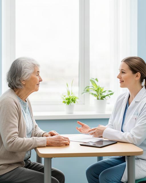 Zorgprofessional bespreekt gezondheidsinformatie met een inwoner in een lichte spreekkamer